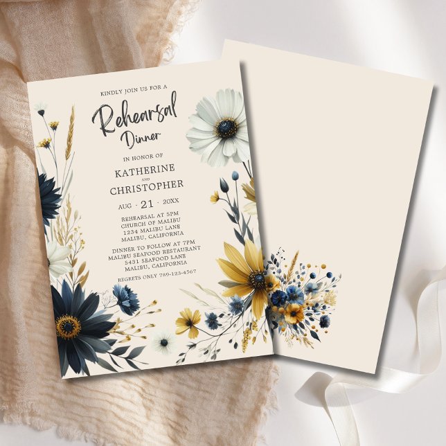 Invitation Dîner de répétition Mariage Fleur sauvage beige él (Elegant Watercolor Wildflowers Beige Wedding Rehearsal Dinner Invitation with blue & yellow flowers.)