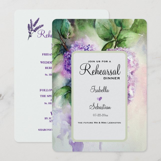 Invitation Dîner de répétition Mariage Fleurs Lilac Élégantes (Devant / Derrière)