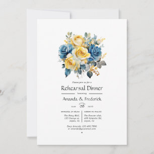 Invitation Dîner de répétition Mariage Floral Bleu et Or