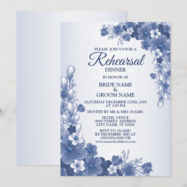 Invitation Dîner de répétition Mariage Floral Blue Rustic (Devant / Derrière)