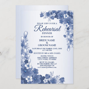 Invitation Dîner de répétition Mariage Floral Blue Rustic