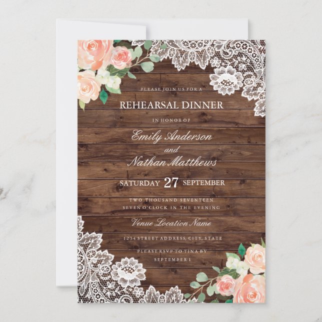 Invitation Dîner de répétition Mariage Floral Rustic Wood (Devant)