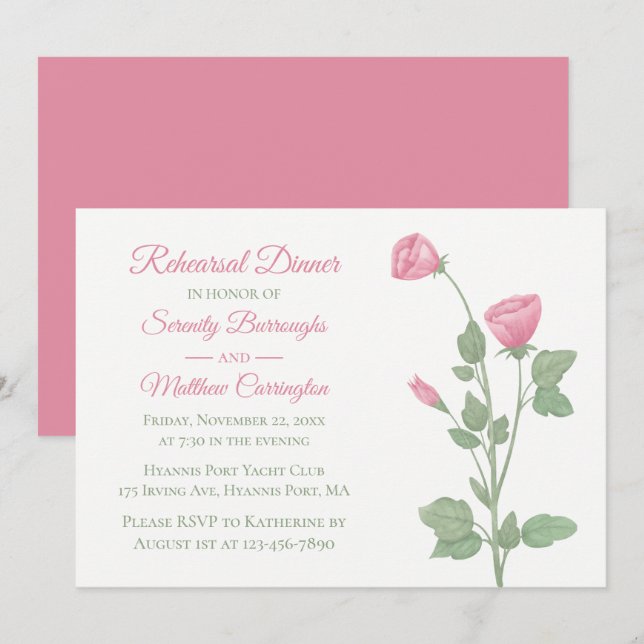 Invitation Dîner de répétition Mariage Foral Rose (Devant / Derrière)