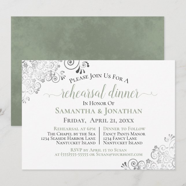 Invitation Dîner de répétition Mariage Frilly Elegant Sage Gr (Devant / Derrière)