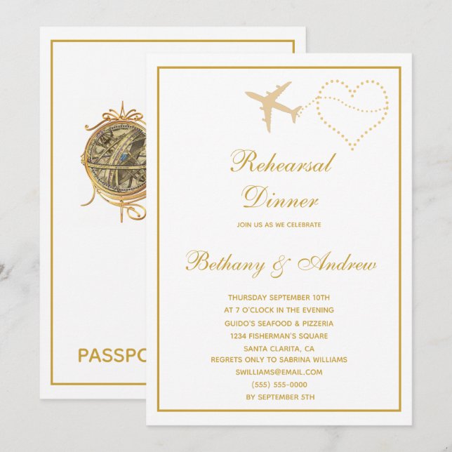 Invitation Dîner de répétition Mariage Gold Blanc (Devant / Derrière)
