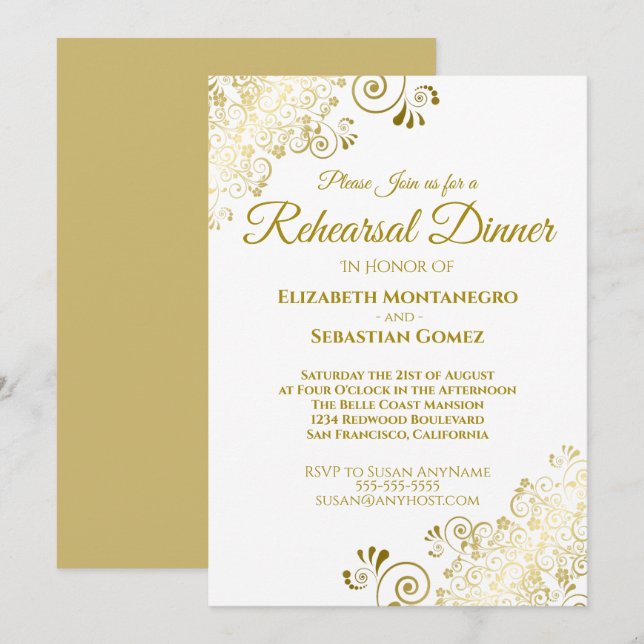Invitation Dîner de répétition Mariage Gold Frills & Filigree (Devant / Derrière)