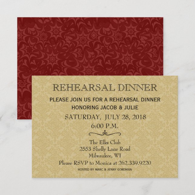 Invitation Dîner de répétition mariage / Gold & Maroon Damask (Devant / Derrière)