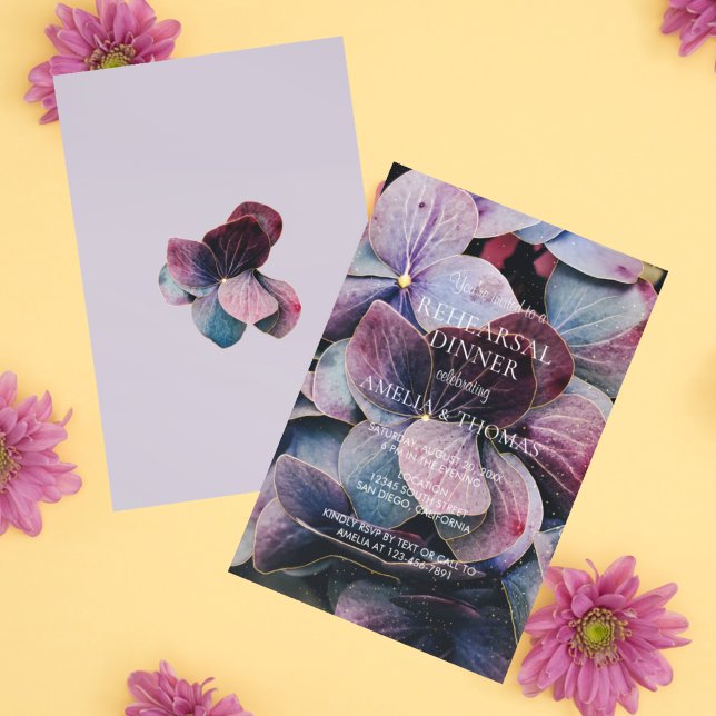 Invitation Dîner de répétition Mariage Gold Purple Hydrangeas (Créateur téléchargé)