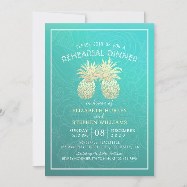 Invitation Dîner de répétition mariage Golden Pineappa Couple (Devant)