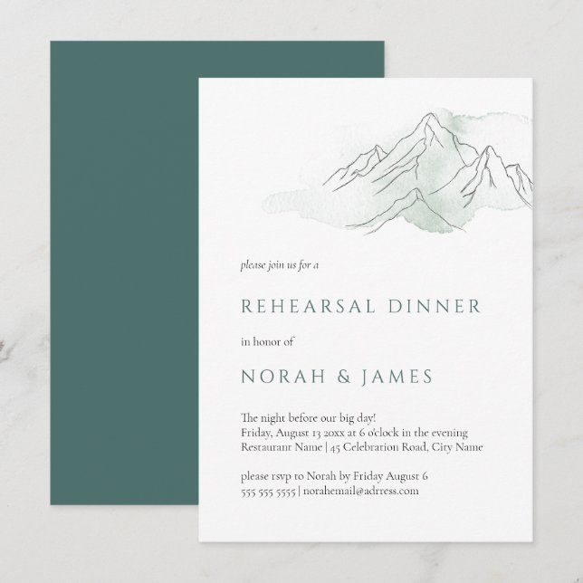Invitation Dîner de répétition Mariage Green & White Mountain (Devant / Derrière)