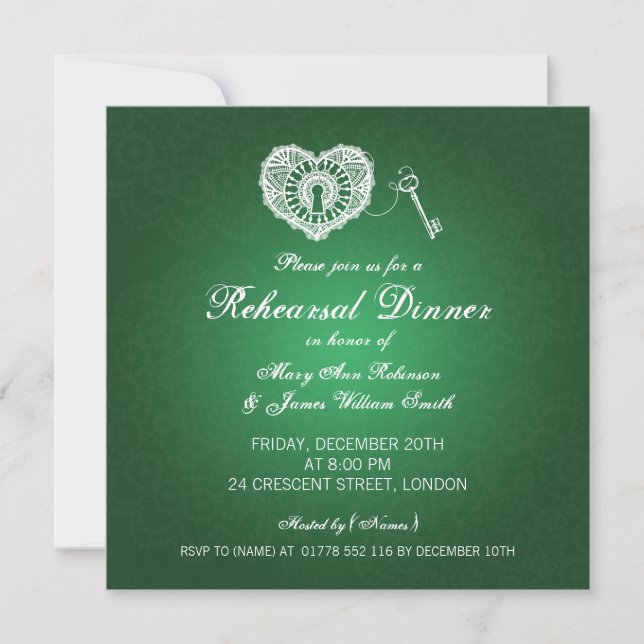 Invitation Dîner de répétition Mariage Grunge Hearts Green (Devant)