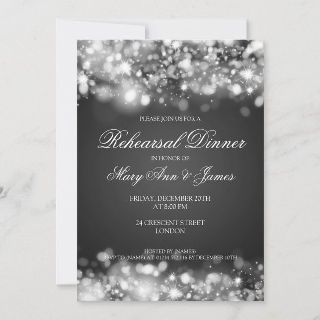 Invitation Dîner de répétition Mariage illuminant l'argent (Devant)