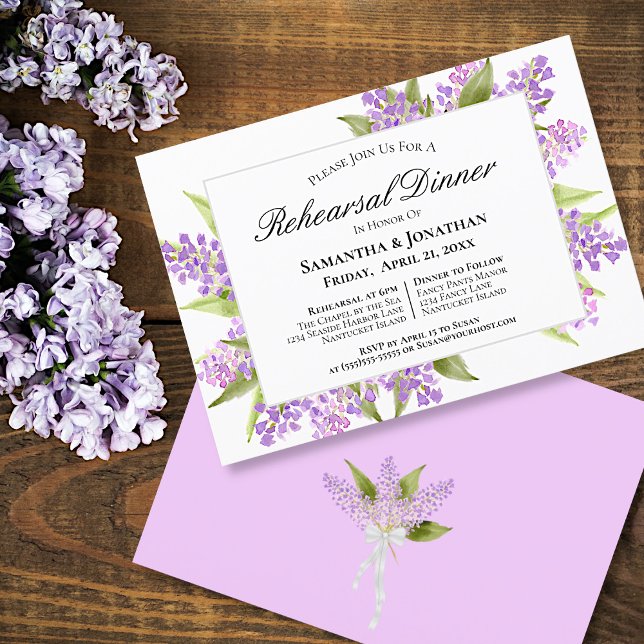 Invitation Dîner de répétition Mariage Lilac Bouquet Aquarell (Front and Back)