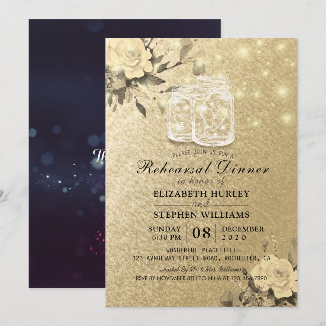 Invitation Dîner de répétition mariage Lumières de jarre de m (Devant / Derrière)