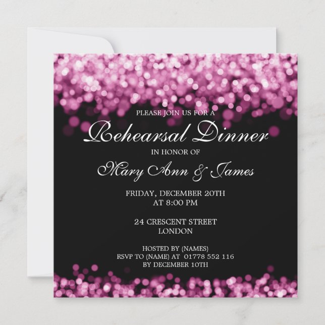 Invitation Dîner de répétition mariage Lumières roses (Devant)