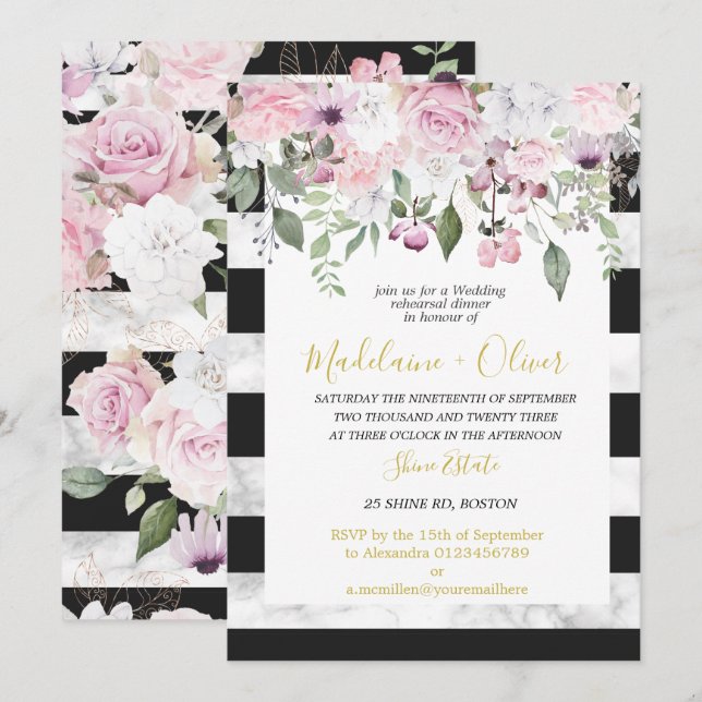 Invitation Dîner de répétition mariage Marbre floral Noir Chi (Devant / Derrière)