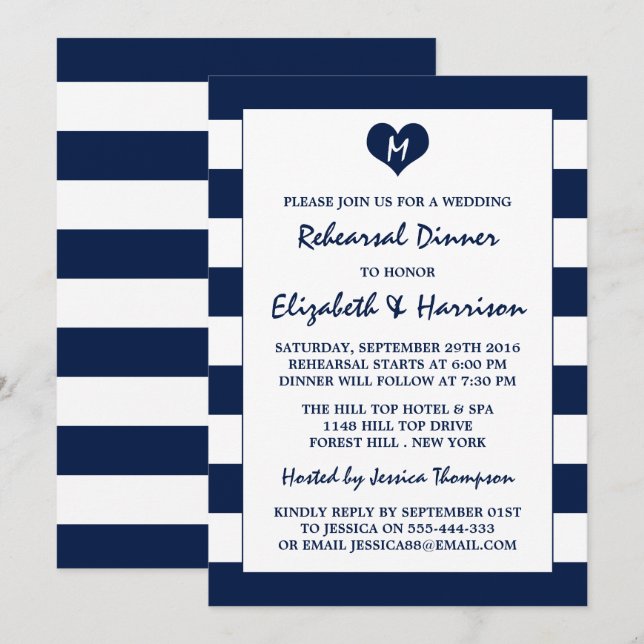 Invitation Dîner de répétition Mariage moderne chic Navy et b (Devant / Derrière)