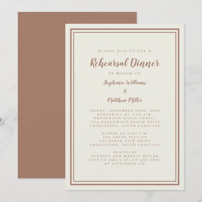 Invitation Dîner de répétition mariage Moderne Rustique Mocha (Devant / Derrière)