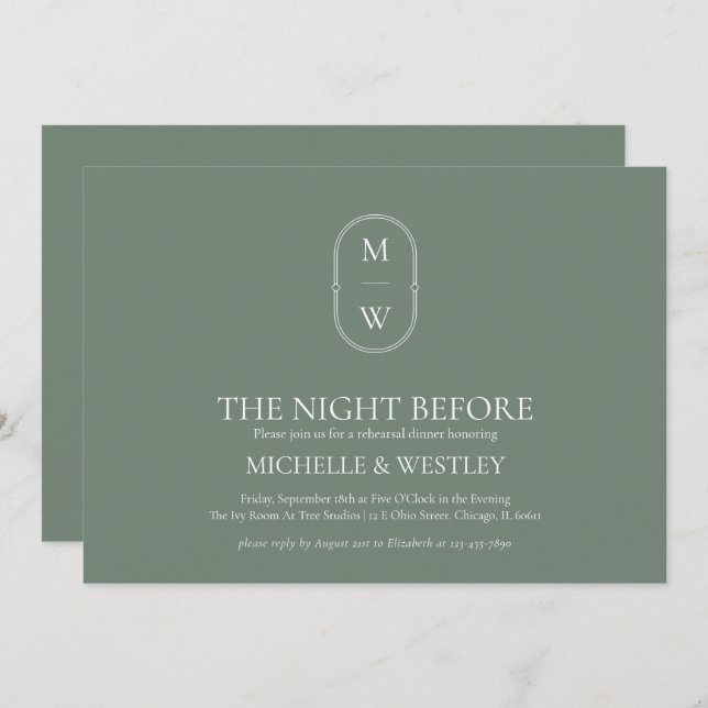 Invitation Dîner de répétition Mariage Monogram Sage Green (Devant / Derrière)