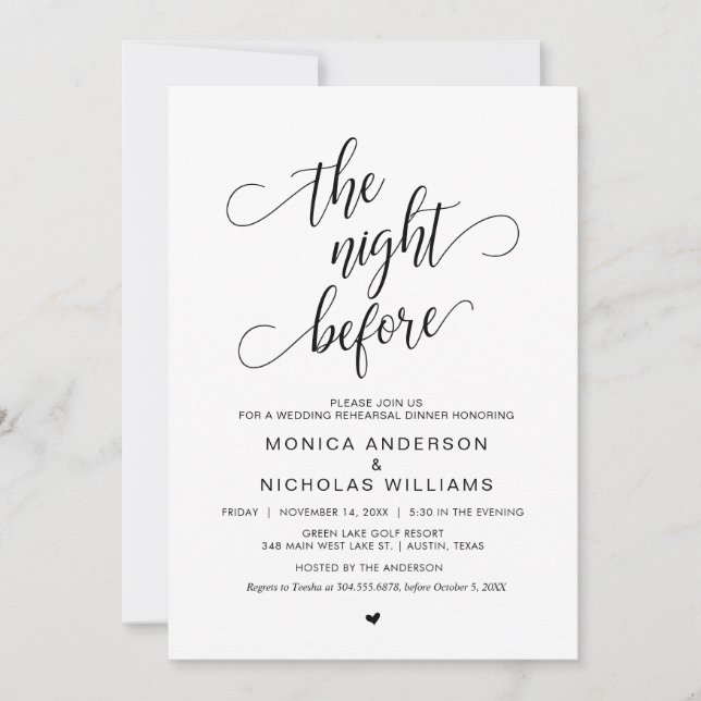 Invitation Dîner De Répétition mariage, Noir Classique Simple (Devant)