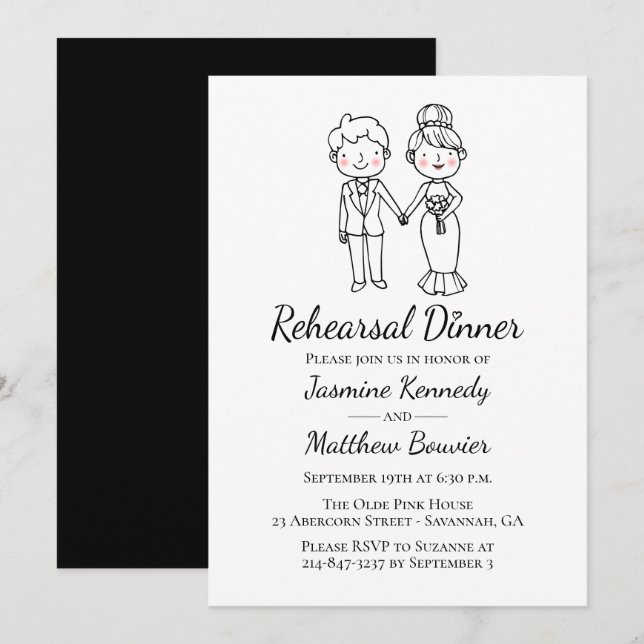 Invitation Dîner de répétition Mariage noir de la mariée (Devant / Derrière)