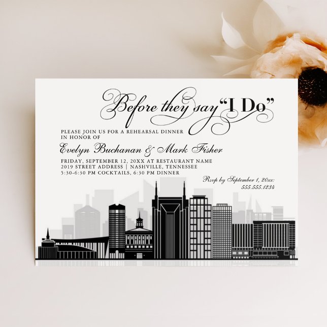 Invitation Dîner de répétition Mariage noir Nashville Skyline (Créateur téléchargé)