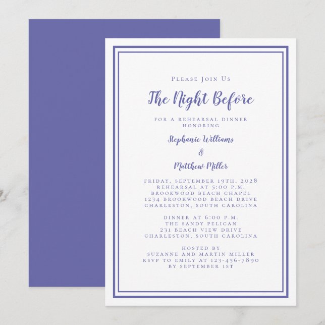 Invitation Dîner de répétition Mariage Nuit avant Périwinkle (Devant / Derrière)