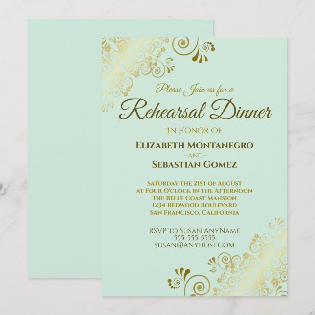 Invitation Dîner de répétition Mariage Ornate Gold & Mint Gre (Devant / Derrière)