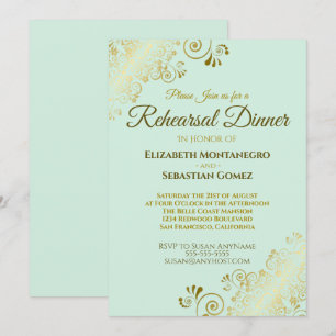 Invitation Dîner de répétition Mariage Ornate Gold & Mint Gre