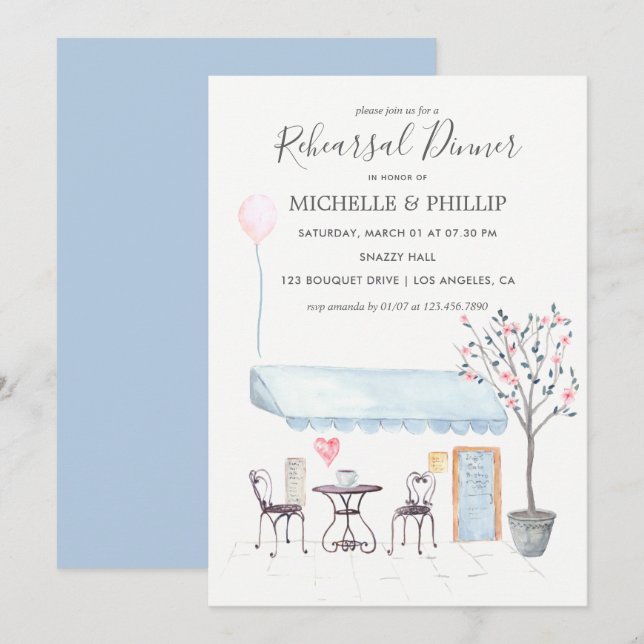 Invitation Dîner de répétition Mariage Paris aquarelle floral (Devant / Derrière)