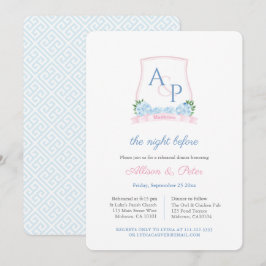Invitation Dîner de répétition Mariage Preppy Pink Blue Crest