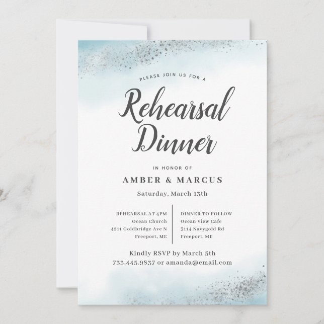 Invitation Dîner de répétition Mariage Romantique Blue Ombre (Devant)