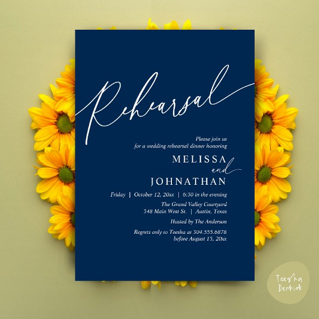 Invitation Dîner de répétition Mariage romantique moderne (Modern Romantic Wedding Rehearsal Dinner Dancing Invitation Card PDF Navy Blue)