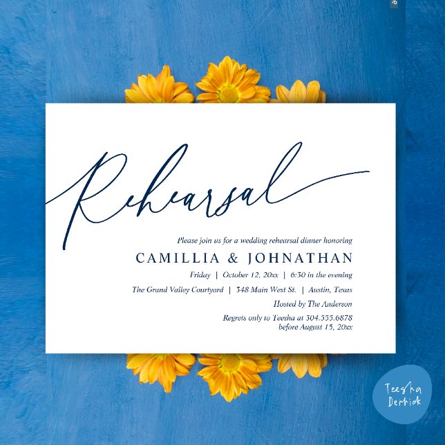 Invitation Dîner de répétition Mariage romantique moderne (Modern Romantic Wedding Rehearsal Dinner Dancing Invitation Card PDF Navy Blue)