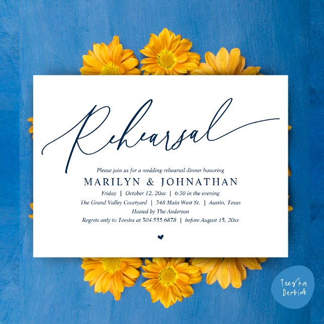 Invitation Dîner de répétition Mariage romantique moderne (Modern Romantic Wedding Rehearsal Dinner Dancing Invitation Card PDF Navy Blue)