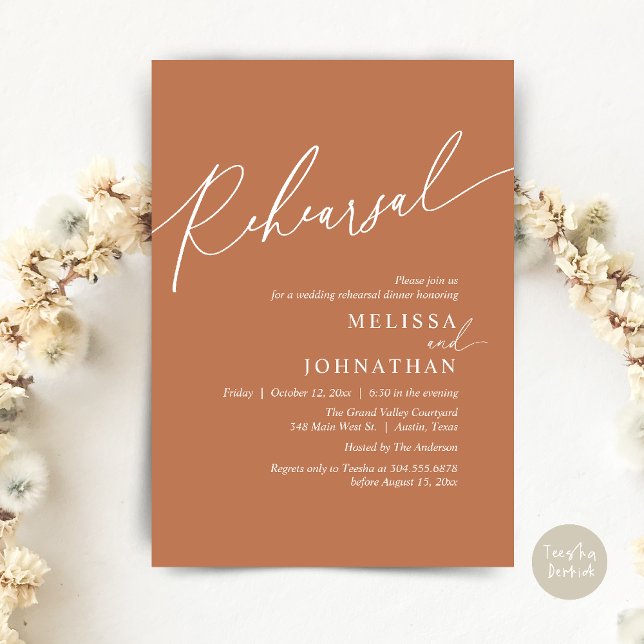 Invitation Dîner de répétition Mariage romantique moderne (Modern Romantic Wedding Rehearsal Dinner Dancing Invitation Card PDF Aesthetic Copper Brown )