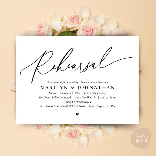 Invitation Dîner de répétition Mariage romantique moderne (Modern Romantic Wedding Rehearsal Dinner Dancing Invitation Card PDF White Black)