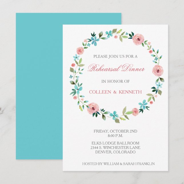 Invitation Dîner de répétition Mariage Rose Blue Floral Wreat (Devant / Derrière)