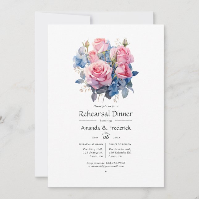 Invitation Dîner de répétition Mariage rose et bleu (Devant)
