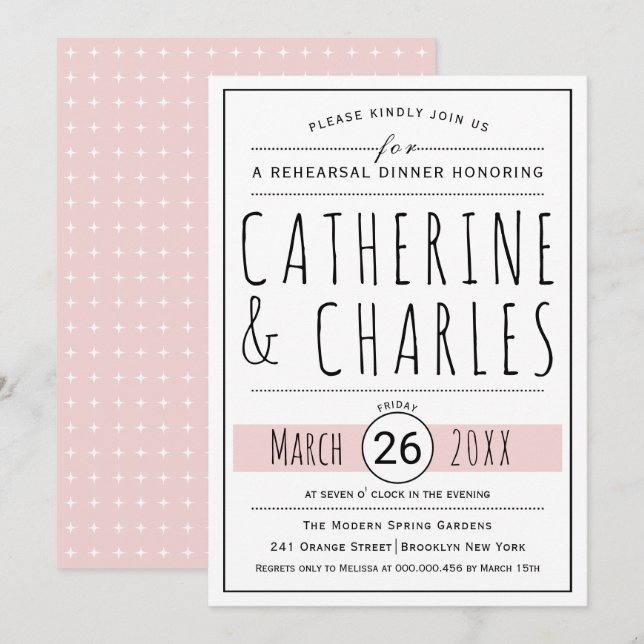 Invitation Dîner de répétition mariage rose vif typographie (Devant / Derrière)