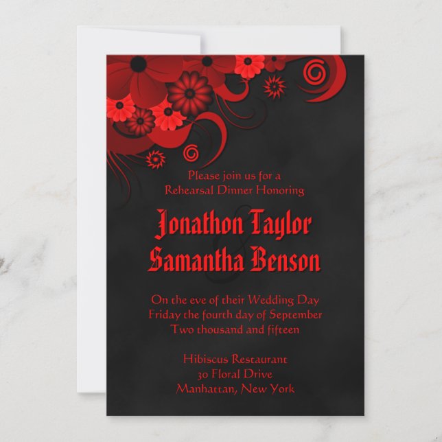 Invitation Dîner de répétition Mariage rouge Floral noir Invi (Devant)