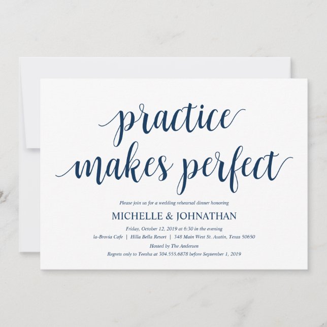 Invitation Dîner de répétition Mariage rustique, bleu marine (Devant)