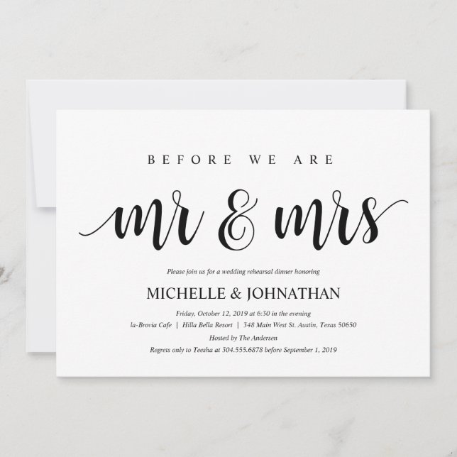 Invitation Dîner de répétition Mariage rustique, noir et blan (Devant)