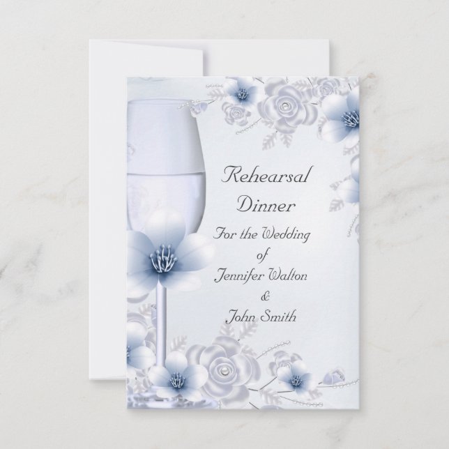 Invitation Dîner de répétition Mariage Silver Blue Rose Bloss (Devant)