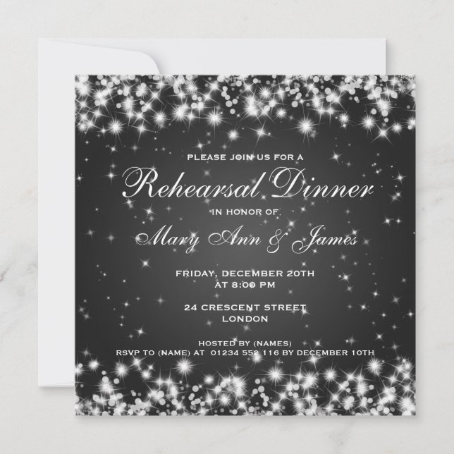 Invitation Dîner de répétition Mariage Sparkle Black d'hiver (Devant)