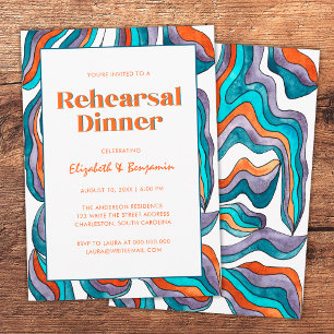 Invitation Dîner de répétition Mariage super Retro Blue Wavy