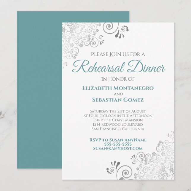 Invitation Dîner de répétition Mariage turquoise et gris (Devant / Derrière)