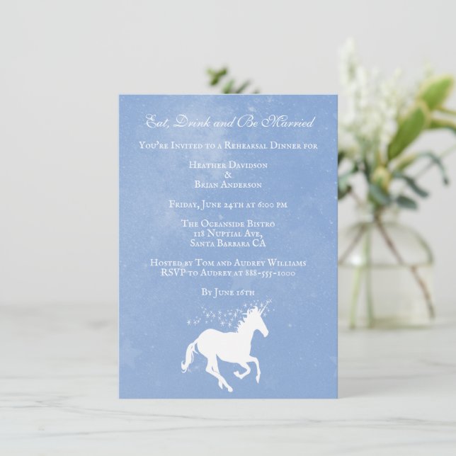 Invitation Dîner de répétition Mariage Unicorne bleu Invitati (Debout devant)