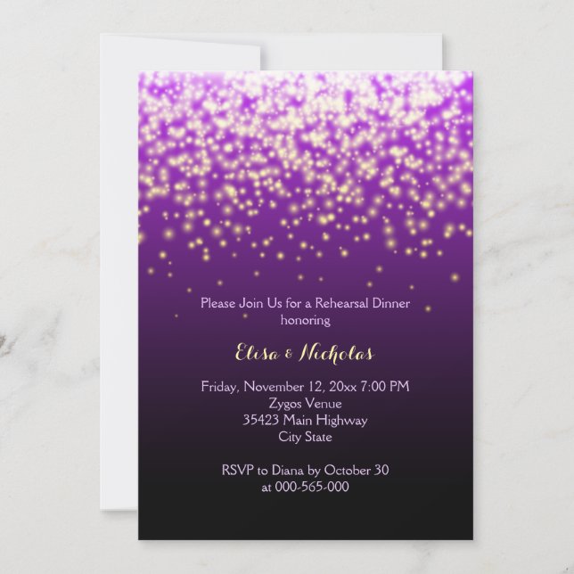 Invitation Dîner de répétition mariage violet aux lumières ét (Devant)
