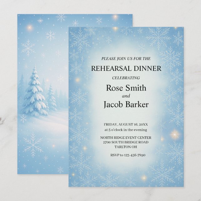 Invitation Dîner de répétition Mariage Winter Wonderland (Devant / Derrière)